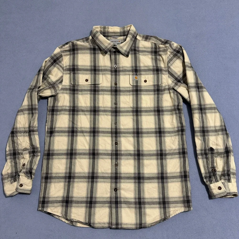 Carhartt Flannel Button-Up Shirt Long Sleeve Plaid‎ Cream Black Mens Size L Tall